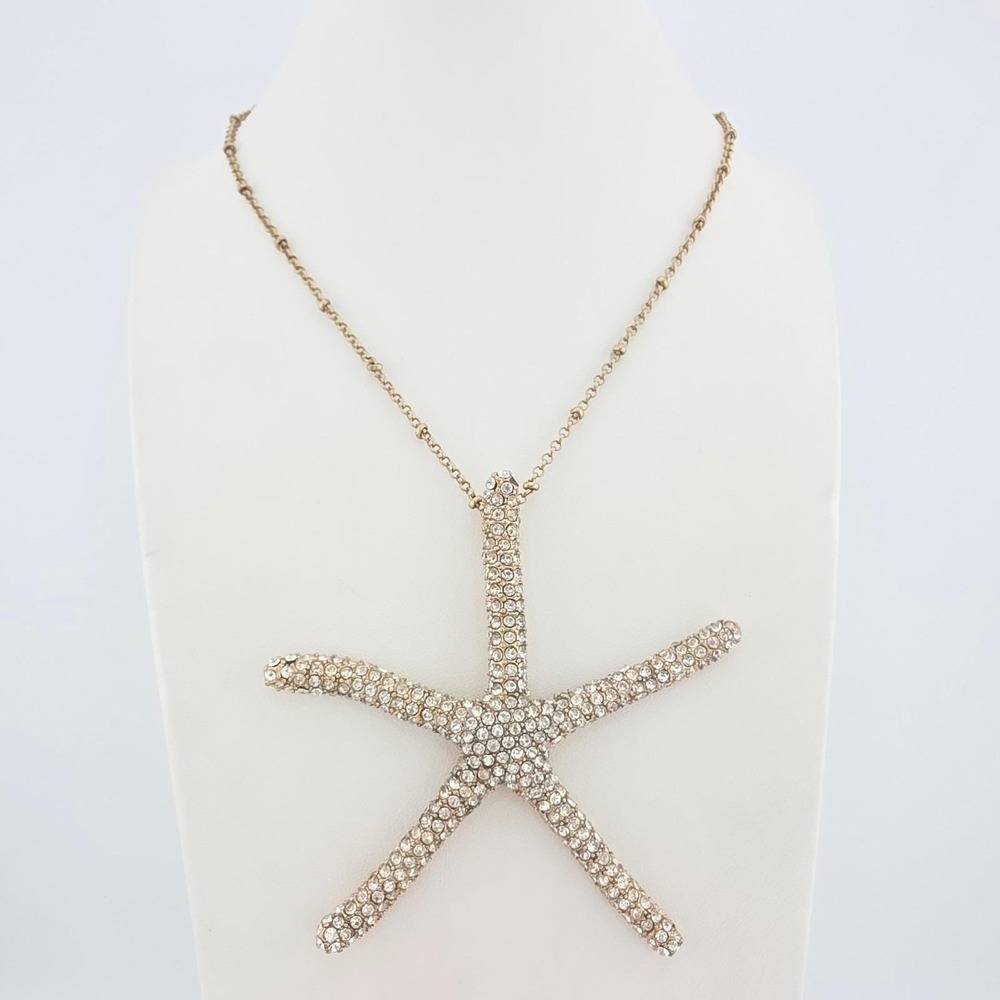 Vtg JOAN BOYCE 'Crystal Starfish' Necklace Pave SWAROVSKI Gold Plate Long 40" - Picture 5 of 9
